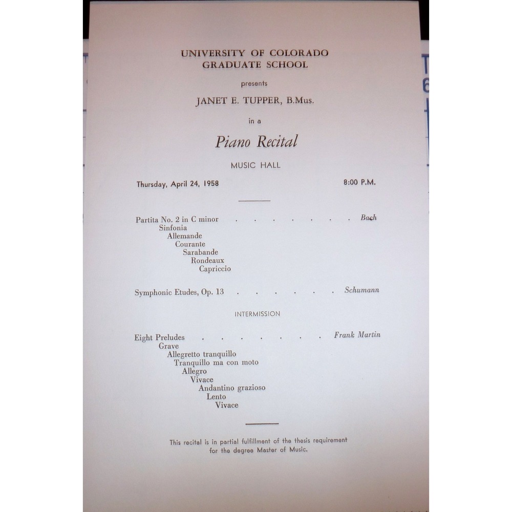 Vintage 1958 University of Colorado Piano Recital Program Janet E Tupper Bach